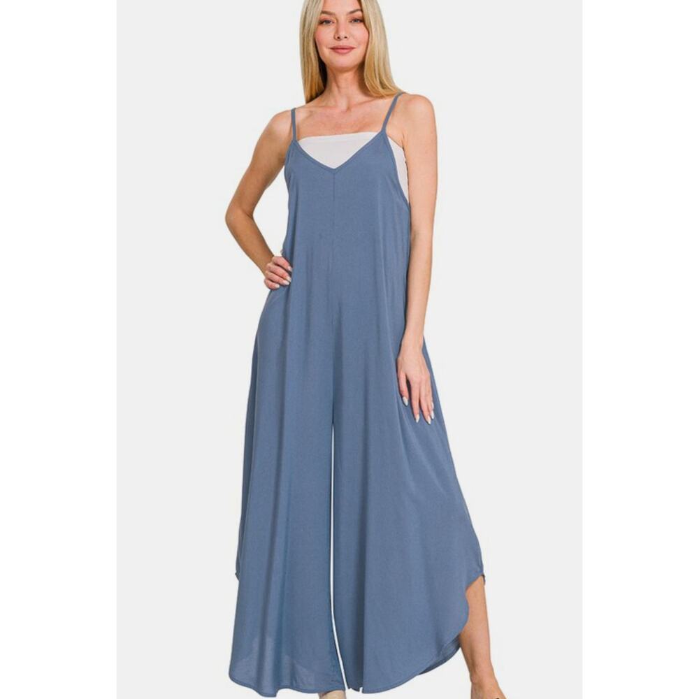 Zenana Spaghetti Strap Wide Leg Overalls with Pockets - QP7239Y - Size M - Picture 2 of 3